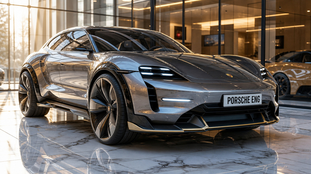 Carro esportivo Porsche elétrico prata exibido em showroom moderno com piso de mármore refletivo.