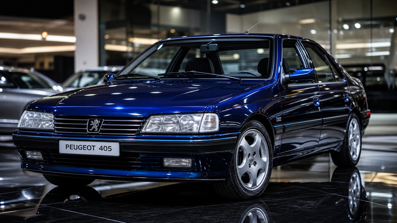 Carro Peugeot 405 azul escuro, sedan, exibido em ambiente interno com piso refletivo.