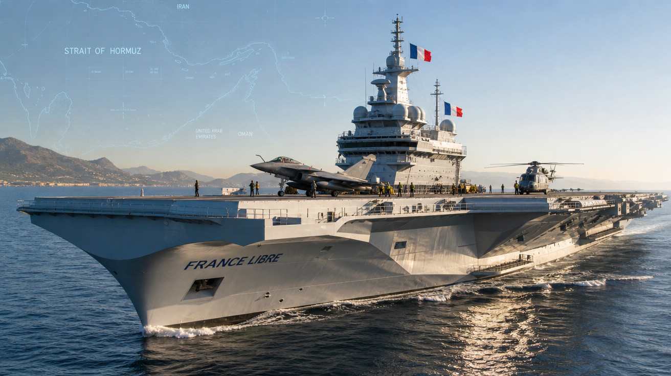 Porta-aviões francês France Libre navegando com avião e helicóptero no convés sob céu claro.