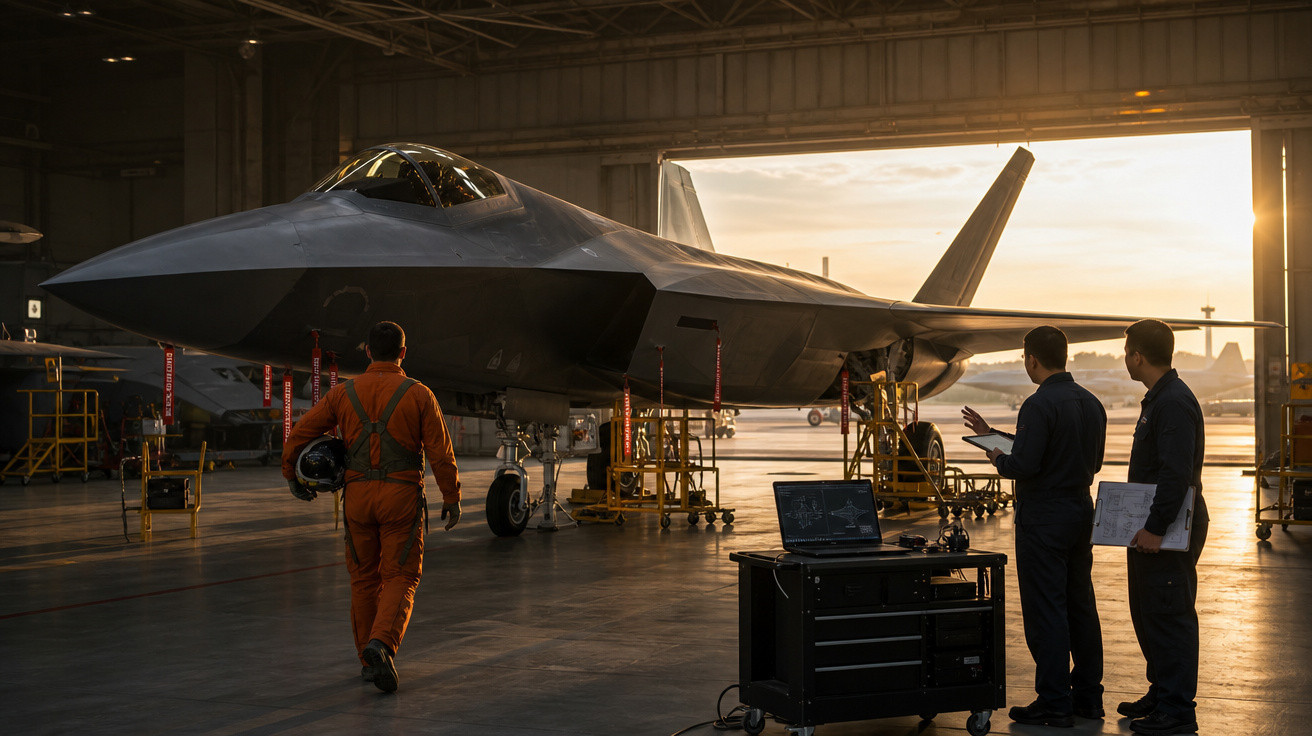 Avião militar em hangar com técnico de macacão laranja e dois homens analisando dados em computador.