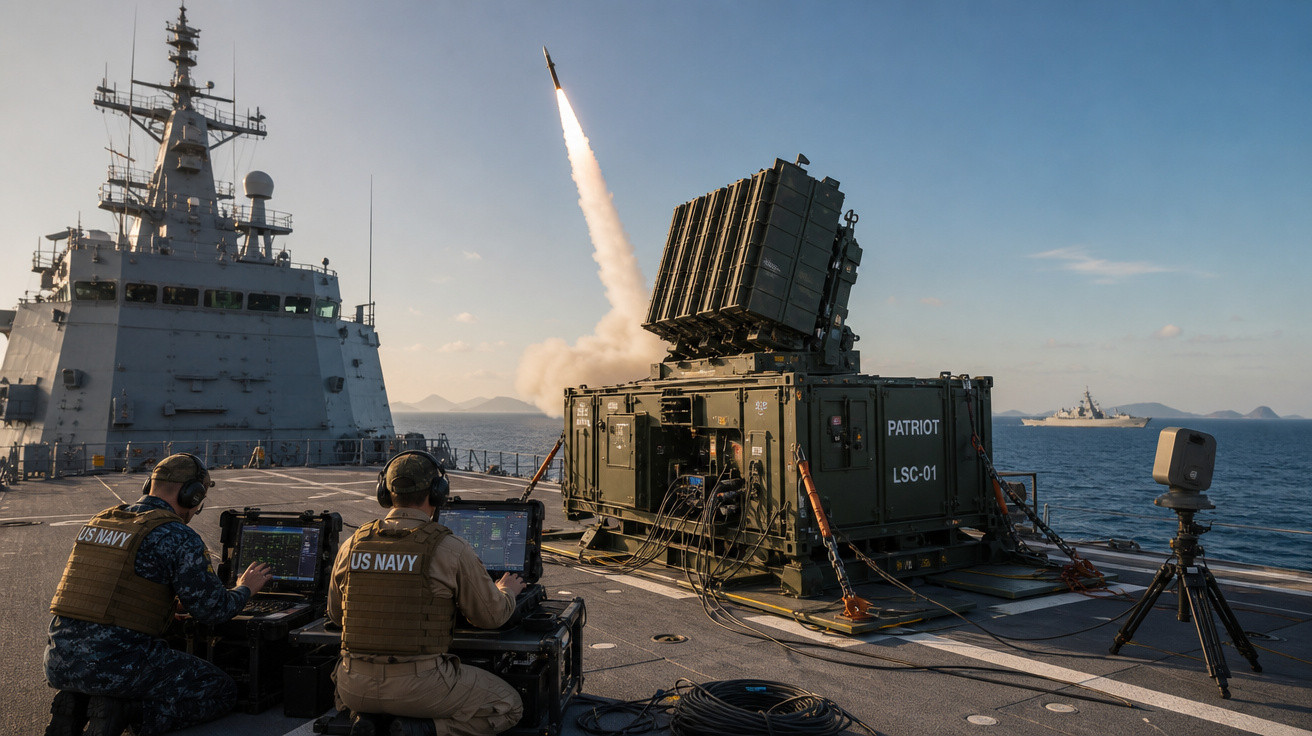 Dois militares da Marinha dos EUA operam equipamento ao lado de lançador de mísseis Patriot em um navio no mar.
