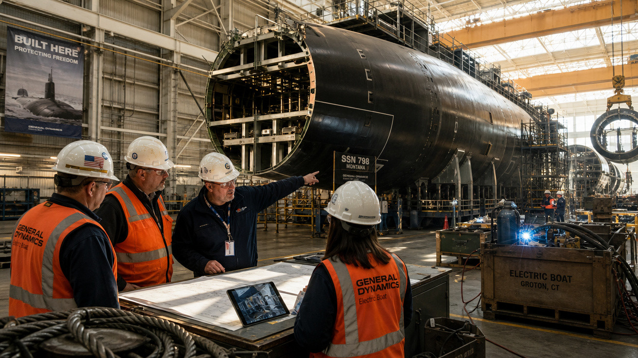 Quatro trabalhadores com capacetes revisam planta ao lado da estrutura de um submarino em construção dentro de fábrica.