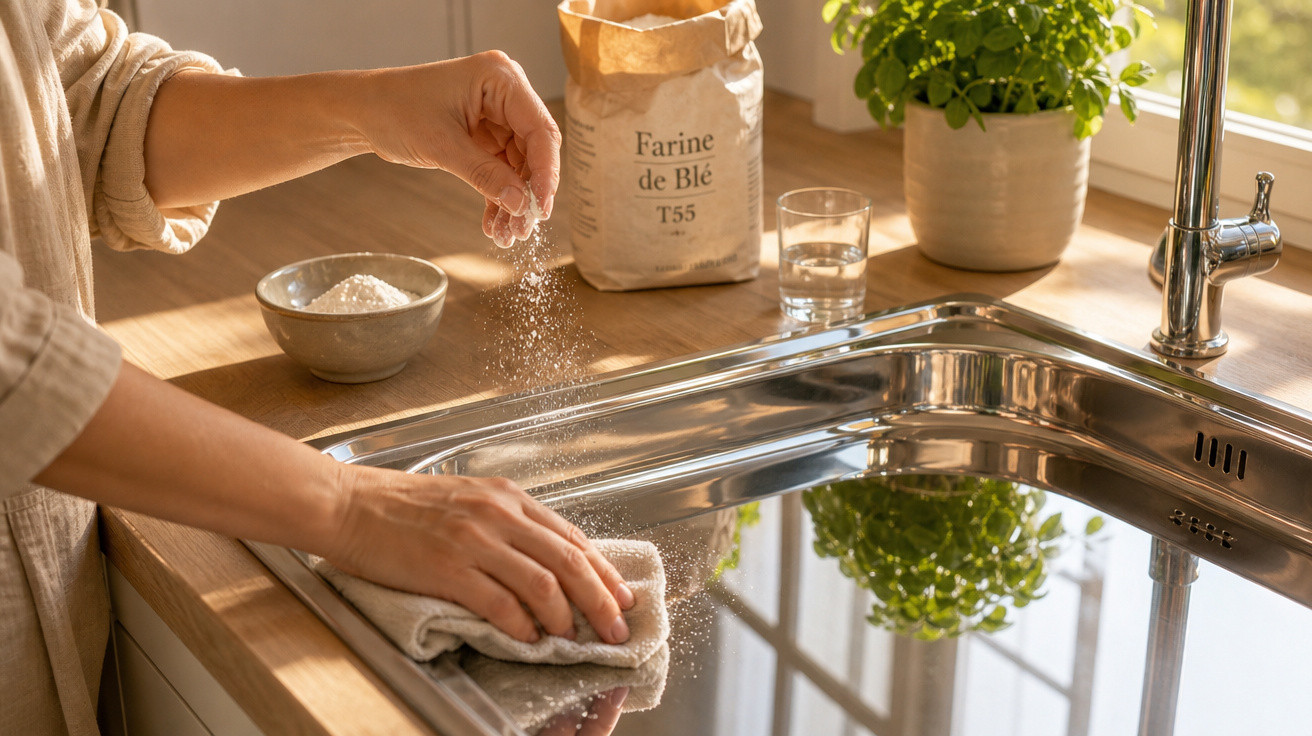 Pessoa limpando a pia de inox na cozinha com pano, com saco de farinha e vaso de planta ao fundo.