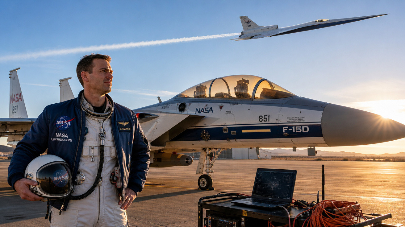 Astronauta da NASA em pé com capacete, ao lado de avião F-15D no pôr do sol no aeroporto.