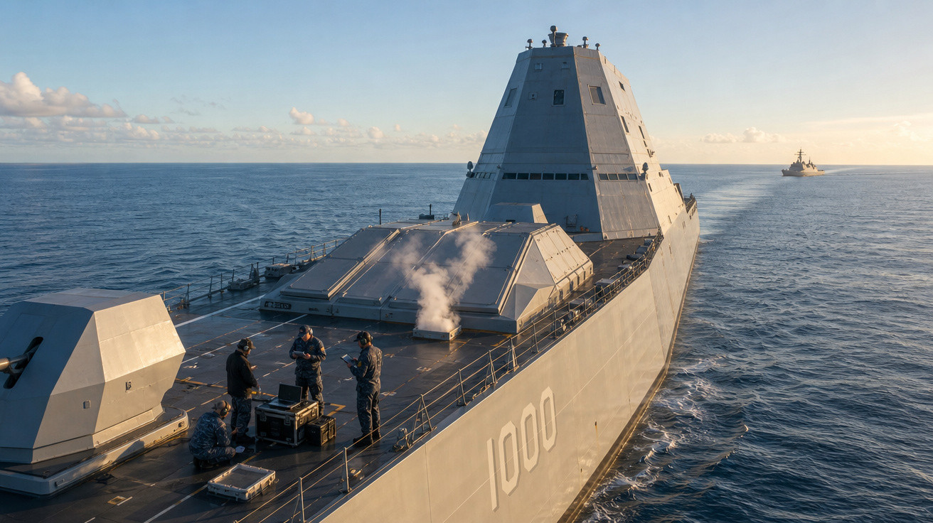 Navio militar de guerra cinza com tripulação no convés e outro navio ao longe no mar calmo ao entardecer.