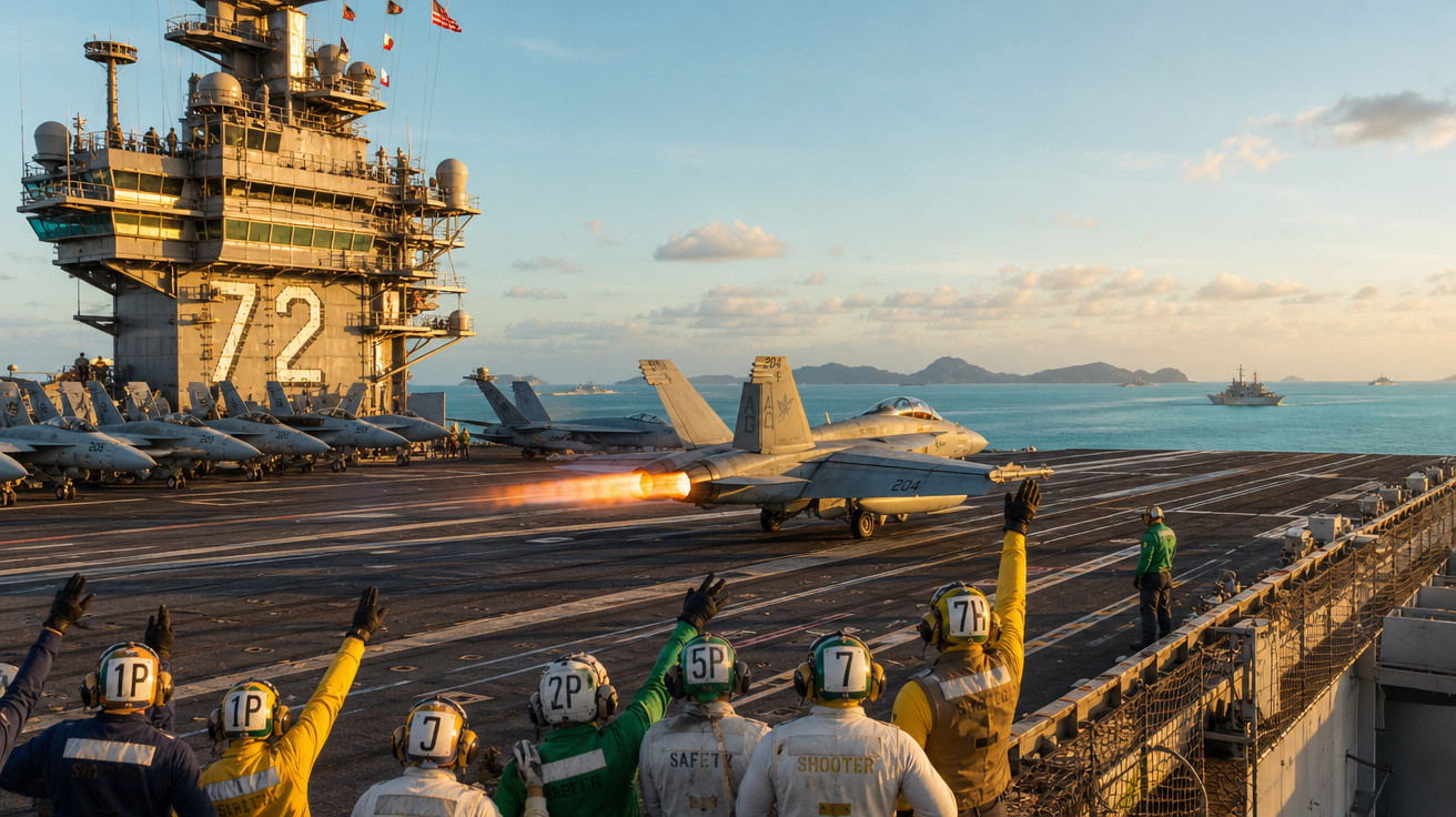 Caça F-18 decola de porta-aviões com tripulação sinalizando no convés ao pôr do sol.