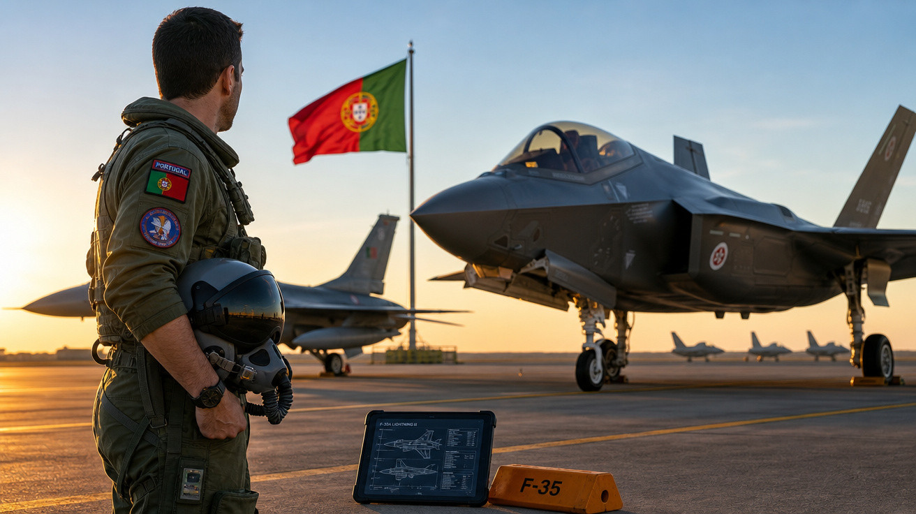 Piloto observa caça F-35 em base aérea com bandeira de Portugal ao fundo durante o pôr do sol.