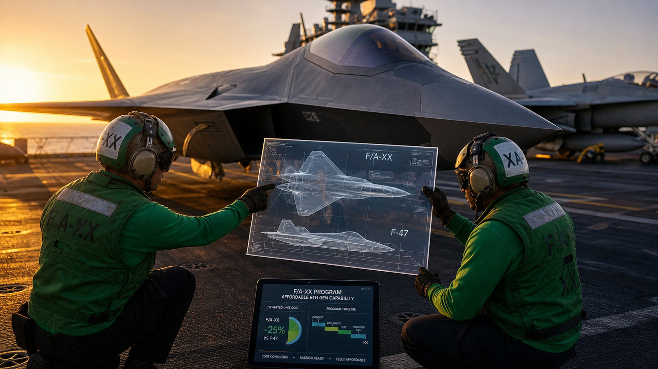 Dois militares analisam holograma de jato F/A-XX diante de caça futurista em porta-aviões ao pôr do sol.