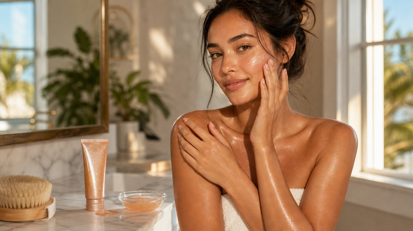 Mulher jovem e sorridente aplicando creme corporal em ambiente iluminado e decorado.