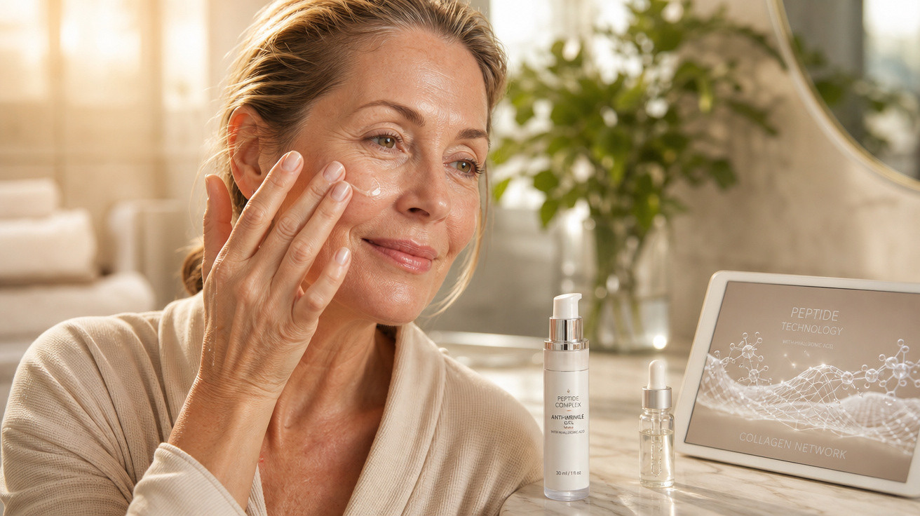 Mulher madura aplicando creme facial em ambiente claro com produtos anti-idade e tela digital ao fundo.