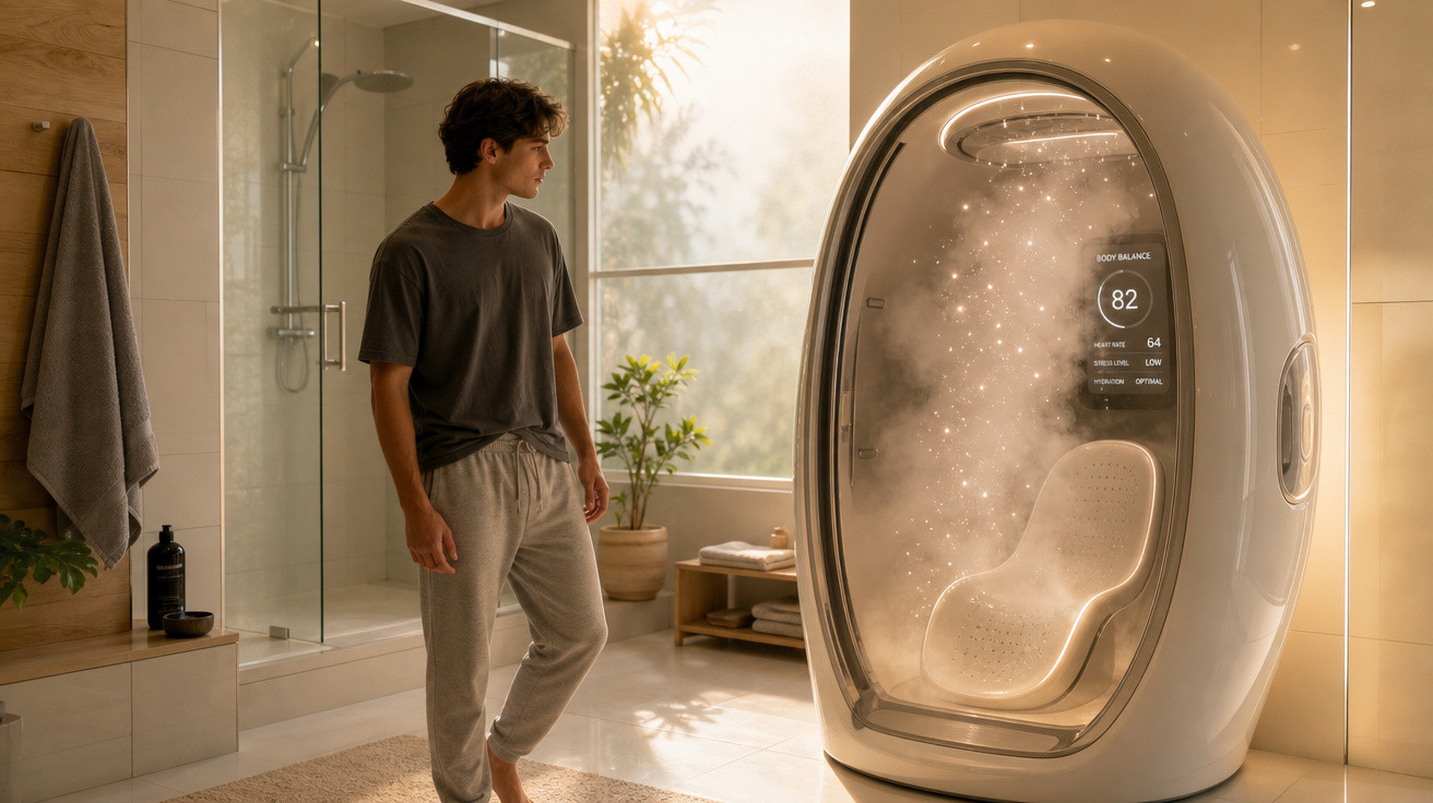 Homem observa cápsula de bem-estar futurista com vapor e painel digital em banheiro moderno.