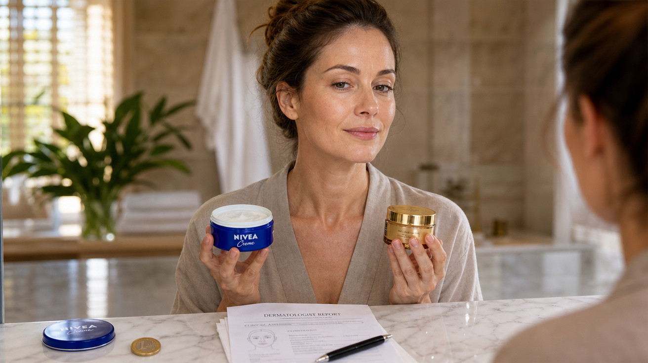 Mulher segurando dois potes de creme facial diante do espelho em banheiro iluminado.