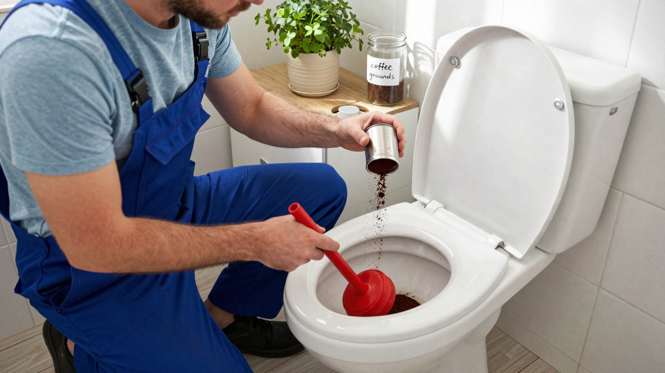 Homem despejando borra de café no vaso sanitário e usando desentupidor vermelho.