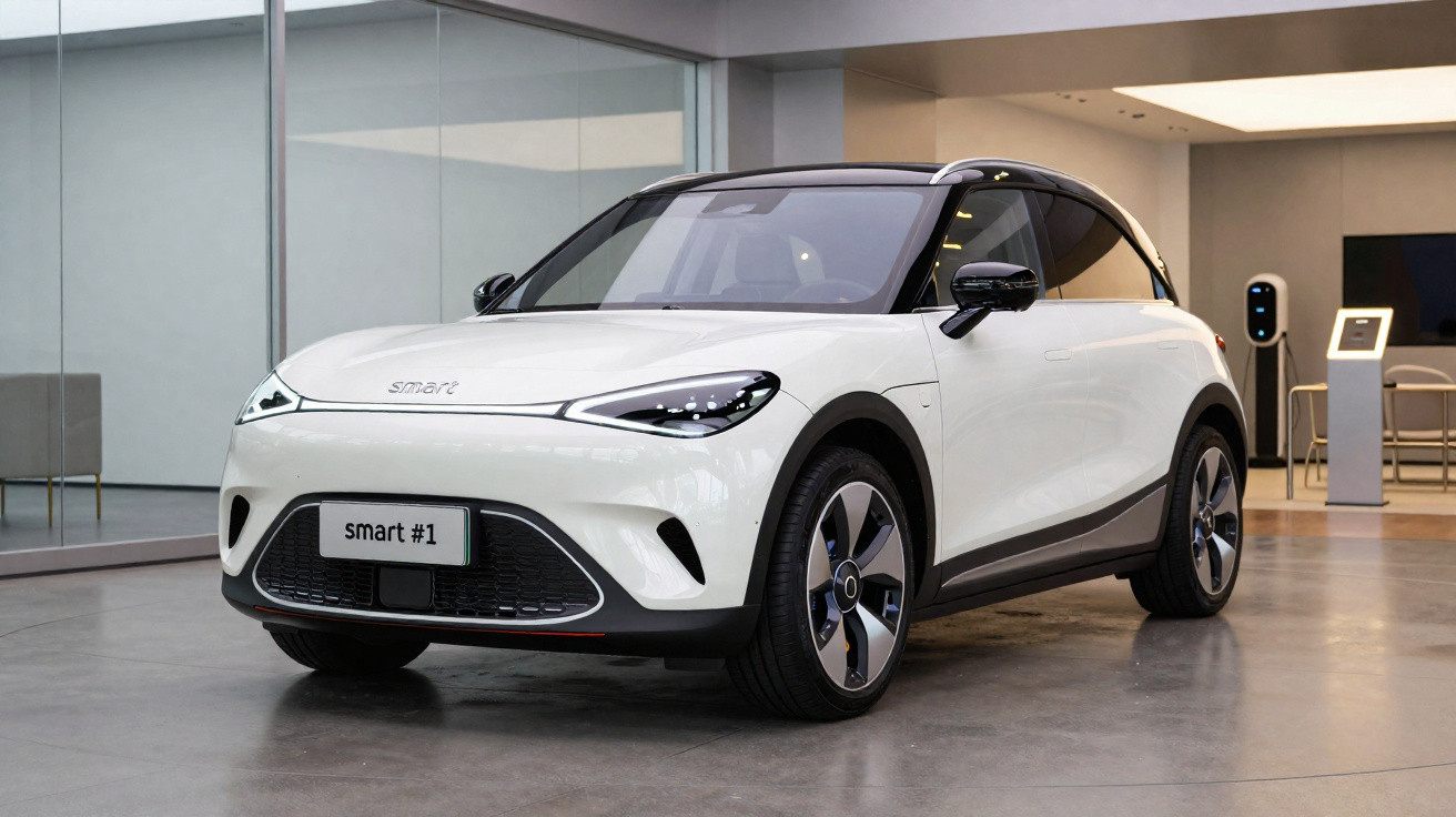 Carro elétrico Smart branco estacionado em ambiente interno moderno, com carregador ao fundo.
