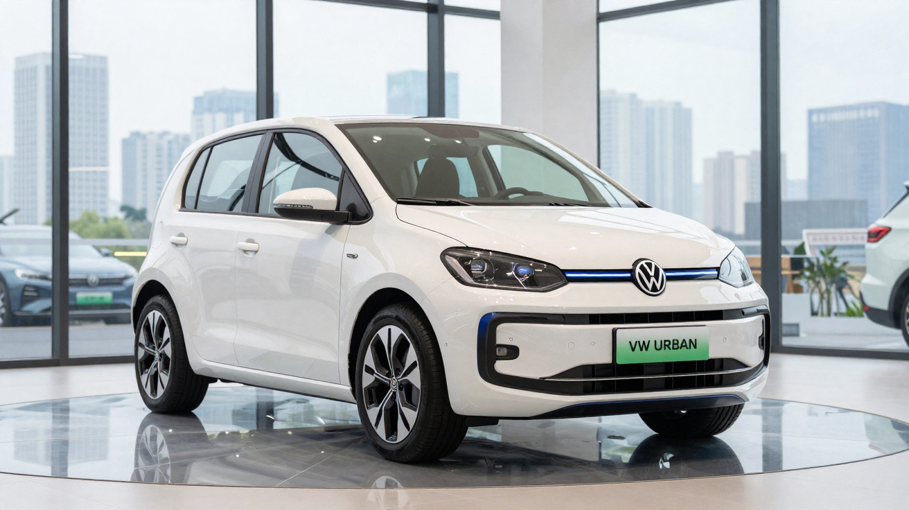Carro elétrico branco VW Urban em exposição dentro de showroom moderno com vidro panorâmico.