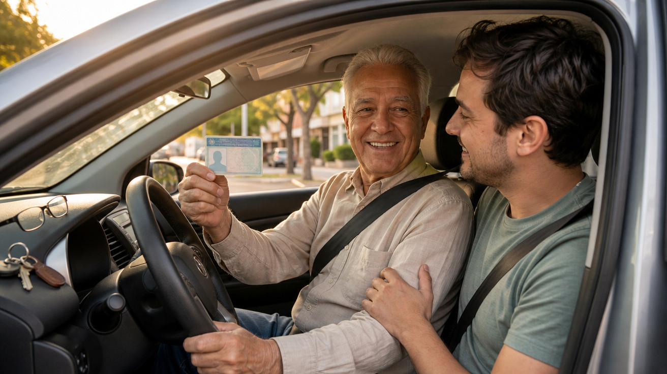 Homem mais velho e mais jovem sorrindo dentro de carro, homem mais velho mostra carteira de motorista.