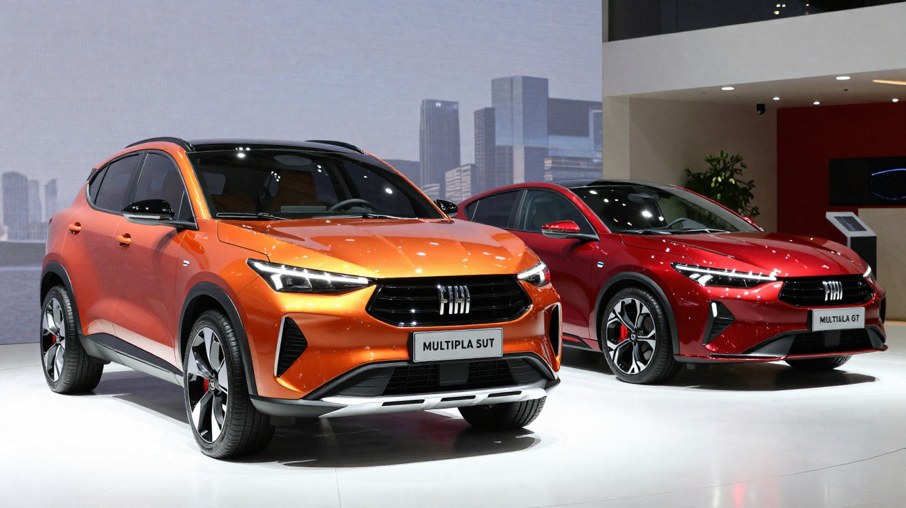 Dois carros Fiat Multiplas modernos, laranja e vermelho, expostos em salão automobilístico.
