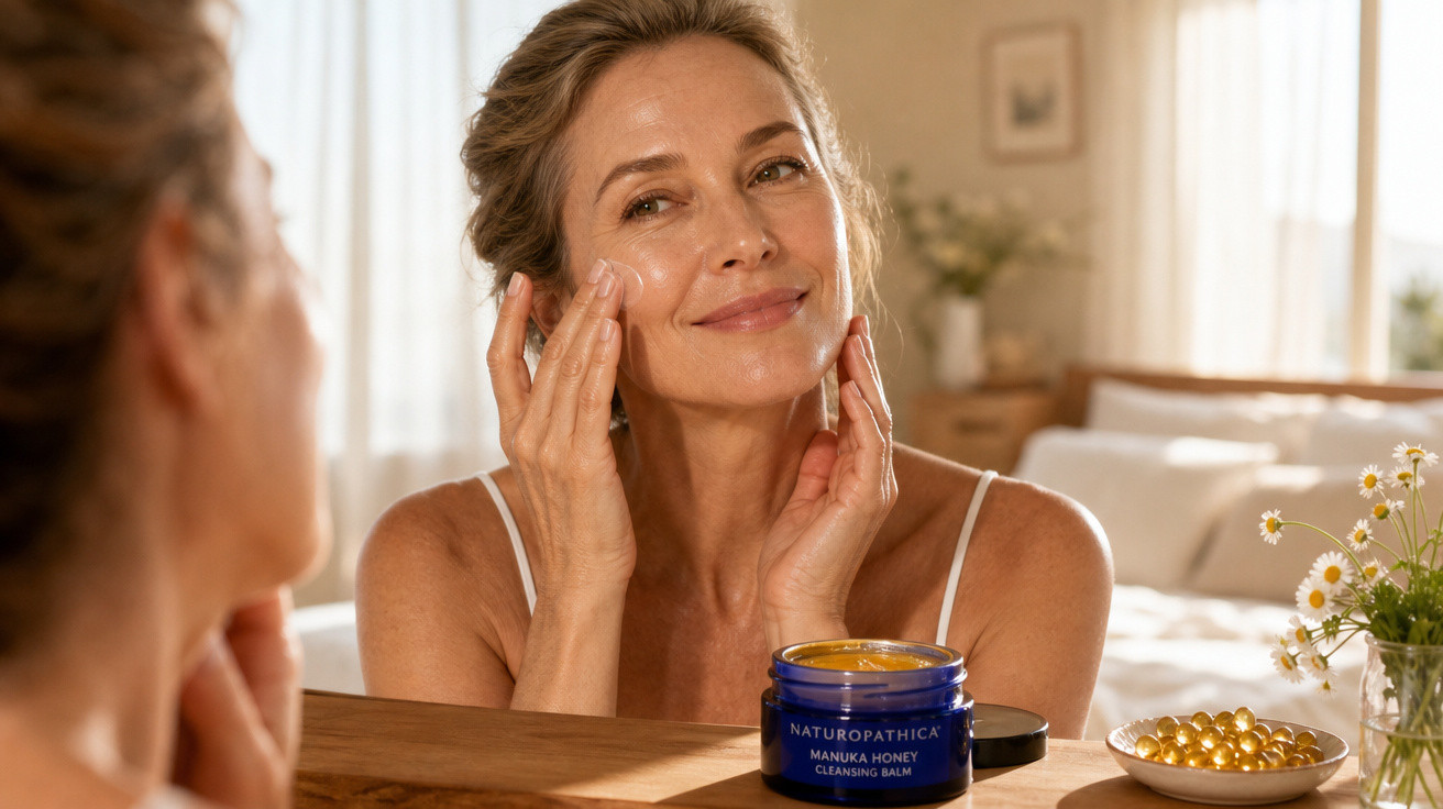 Mulher sorrindo aplica creme facial na pele, olhando no espelho em ambiente claro e acolhedor.