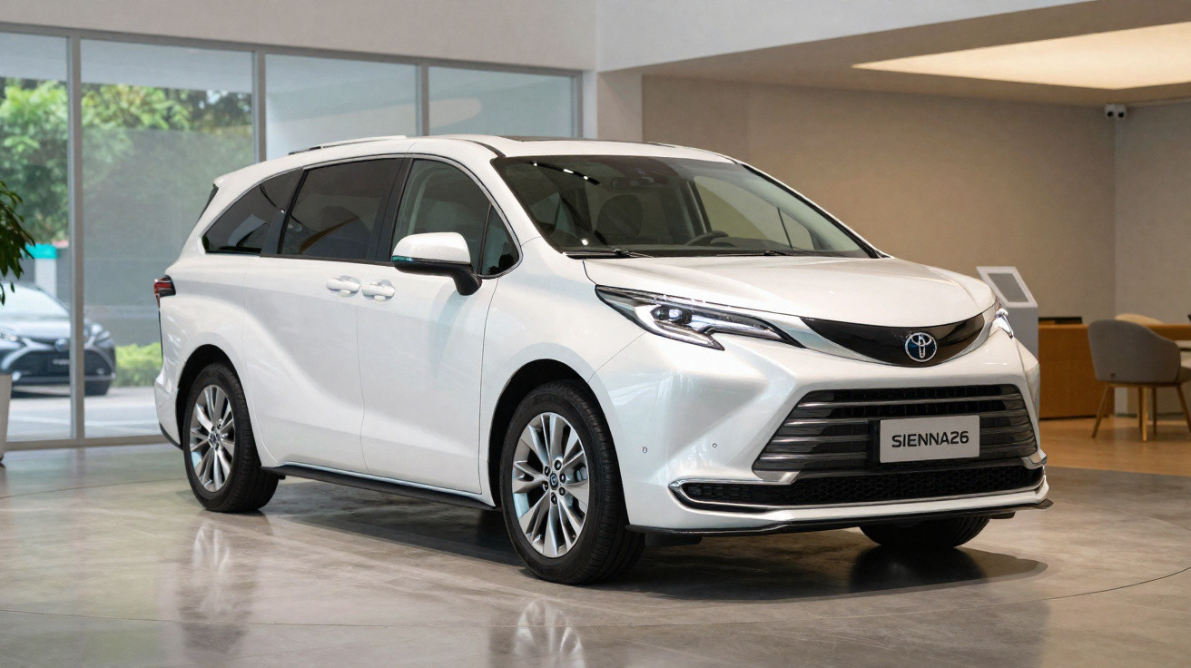 Minivan Toyota Sienna 2026 branca exibida em showroom moderno com piso de concreto.