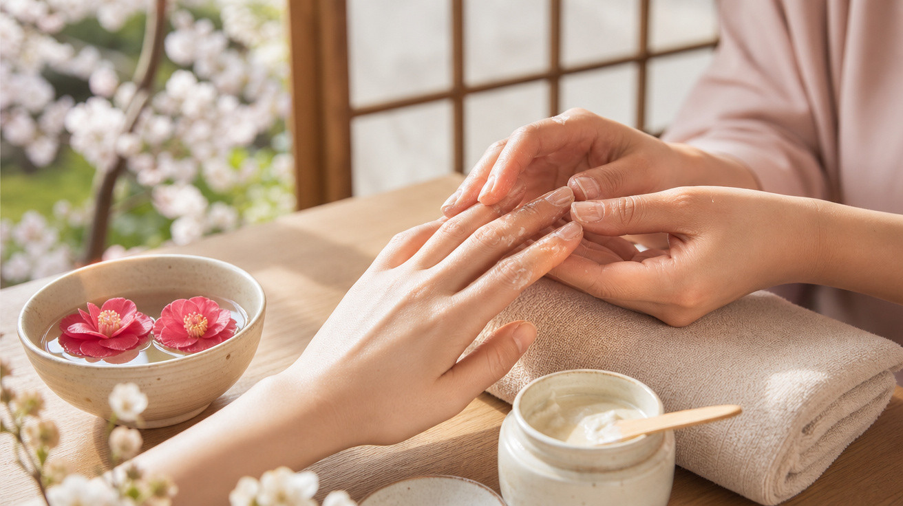 Mãos femininas sendo cuidadas com creme durante tratamento de spa, com flores e toalha ao fundo.