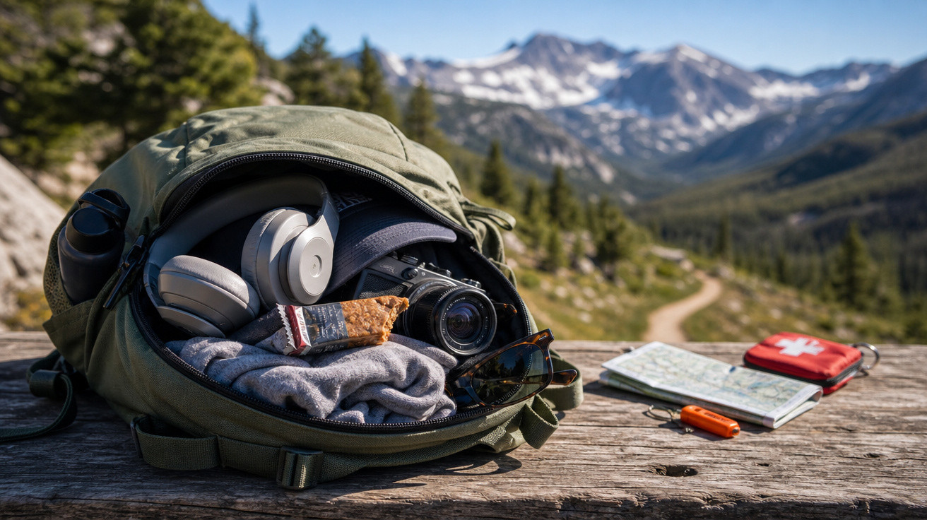 Mochila aberta com fones, câmera, óculos, barra de cereal e roupas, sobre mesa de madeira em paisagem montanhosa.
