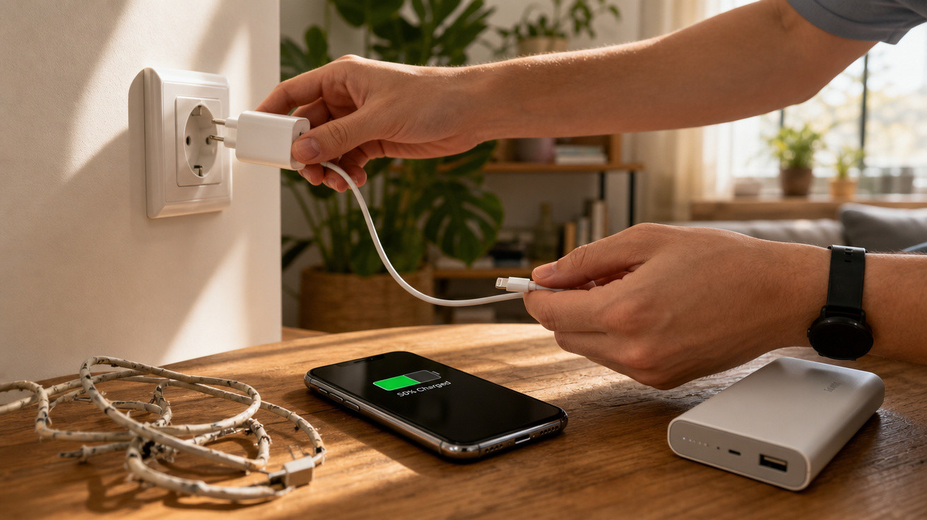 Pessoa conectando carregador na tomada para carregar celular com bateria em 58% sobre mesa de madeira.