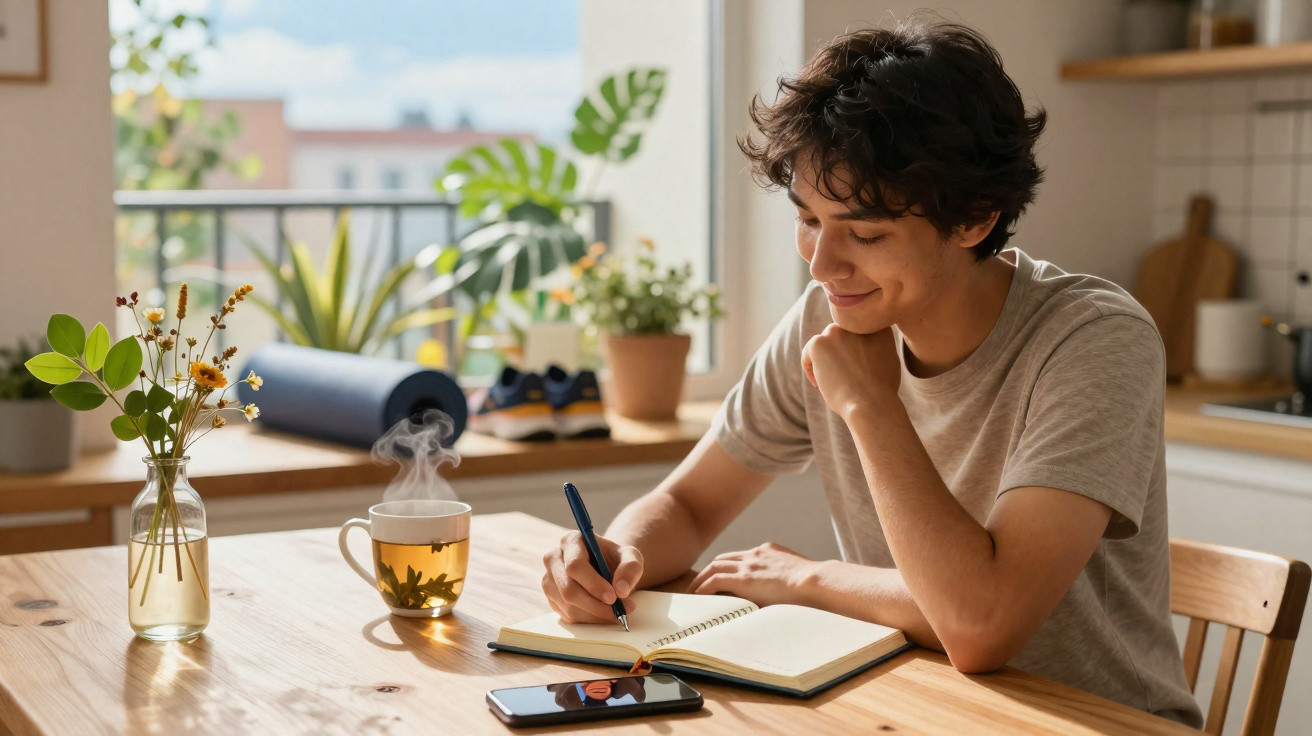 Jovem sentado à mesa escrevendo em caderno, com chá quente e vaso de flores ao lado em ambiente iluminado.