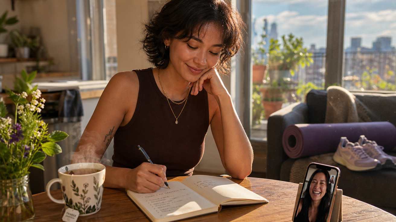 Mulher sorrindo escreve em caderno na mesa com chá, flores e chamada de vídeo em smartphone ao sol.