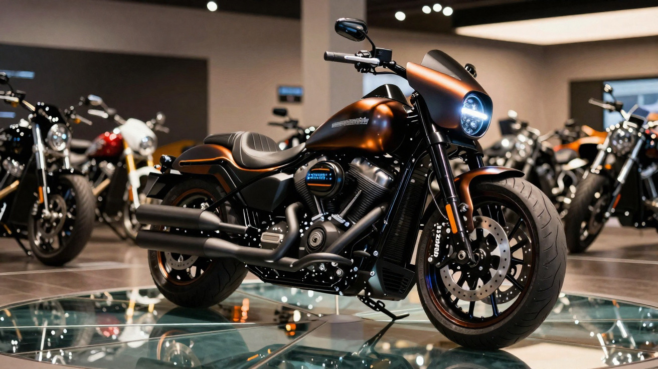 Motocicleta preta fosca em destaque em exposição dentro de showroom moderno com outras motos ao fundo.