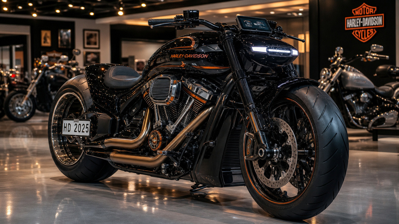 Motocicleta preta Harley-Davidson customizada em exposição em showroom iluminado.