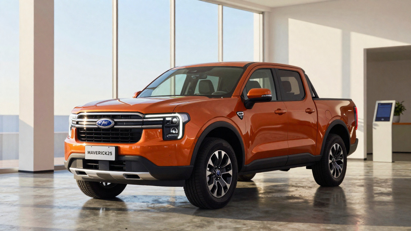 Picape Ford Maverick 2025 na cor laranja em ambiente interno com iluminação natural.