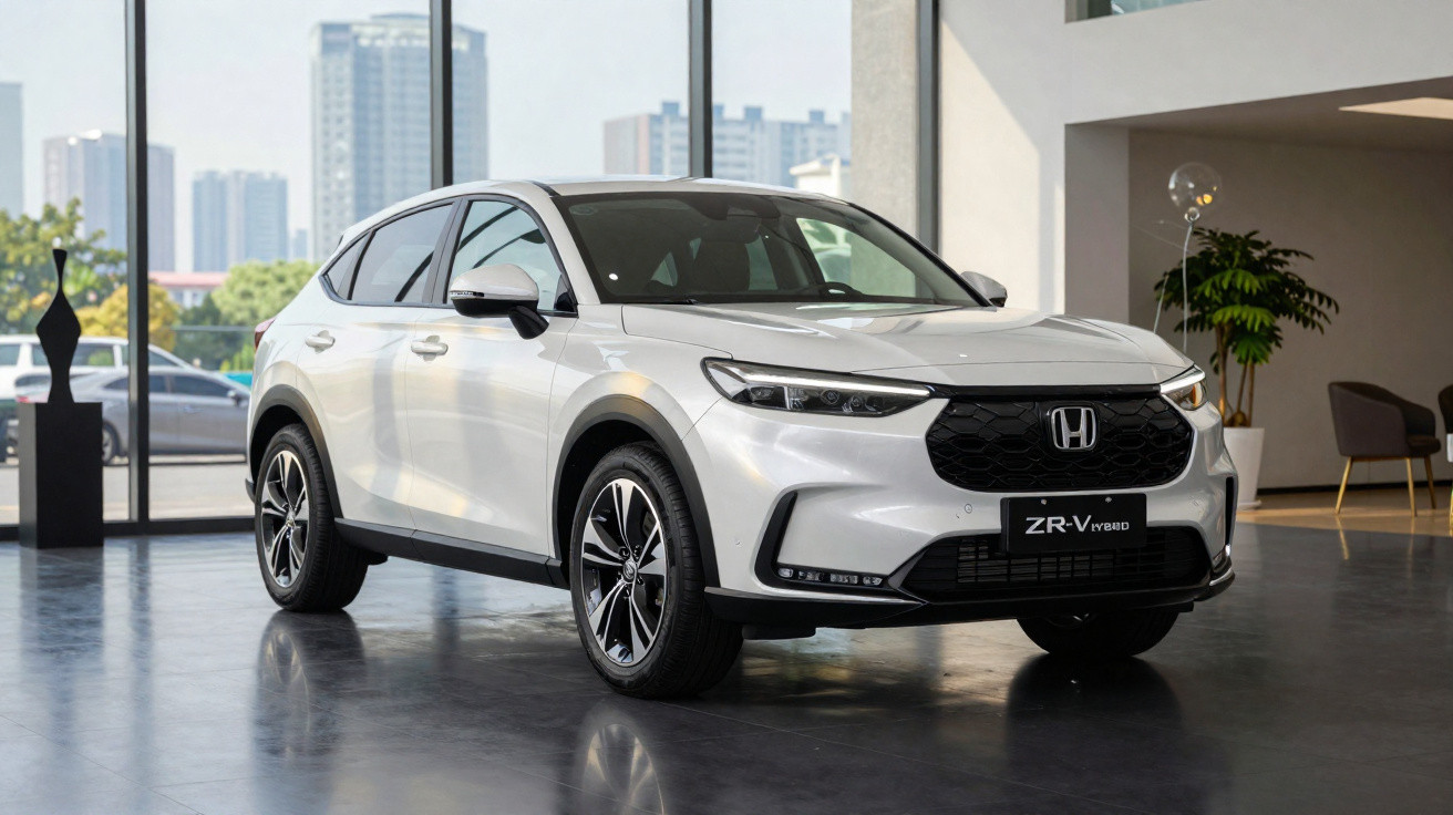 SUV Honda ZR-V híbrido prata estacionado em showroom moderno com janelas grandes e plantas decorativas.