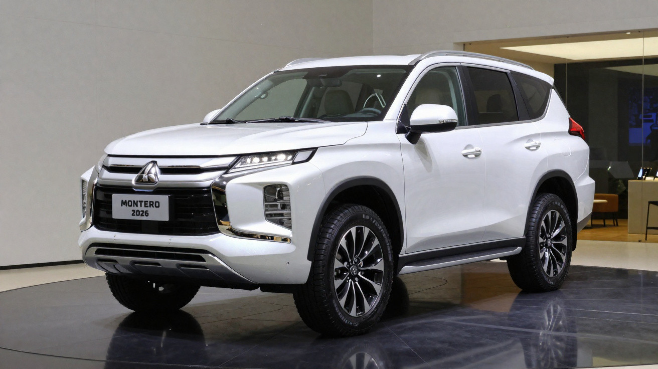 SUV branco Mitsubishi Montero 2026 exibido em salão automotivo com iluminação neutra.