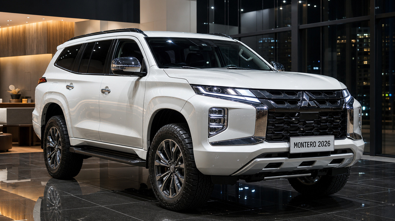 SUV Mitsubishi Montero 2026 branco em ambiente interno com piso reflexivo e iluminação moderna.