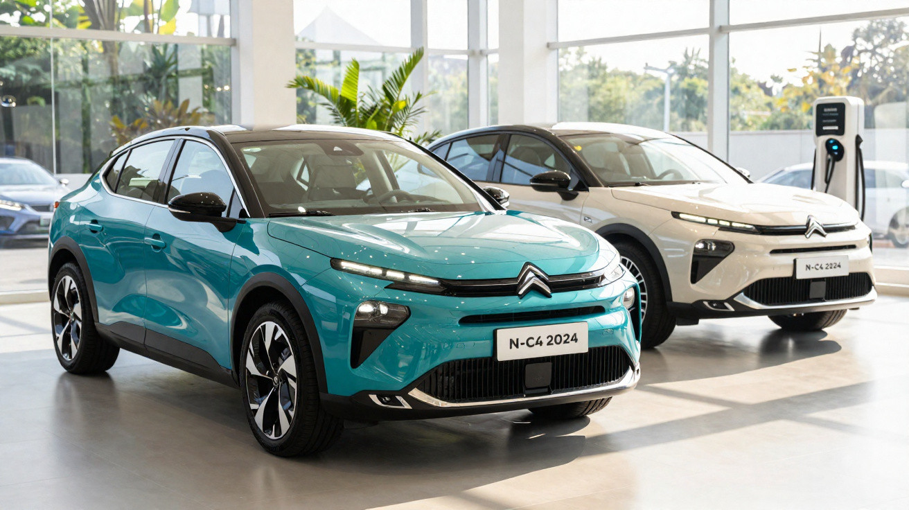 Dois carros elétricos Citroën N-C4 2024 em showroom moderno com luminárias naturais e ponto de recarga ao fundo.