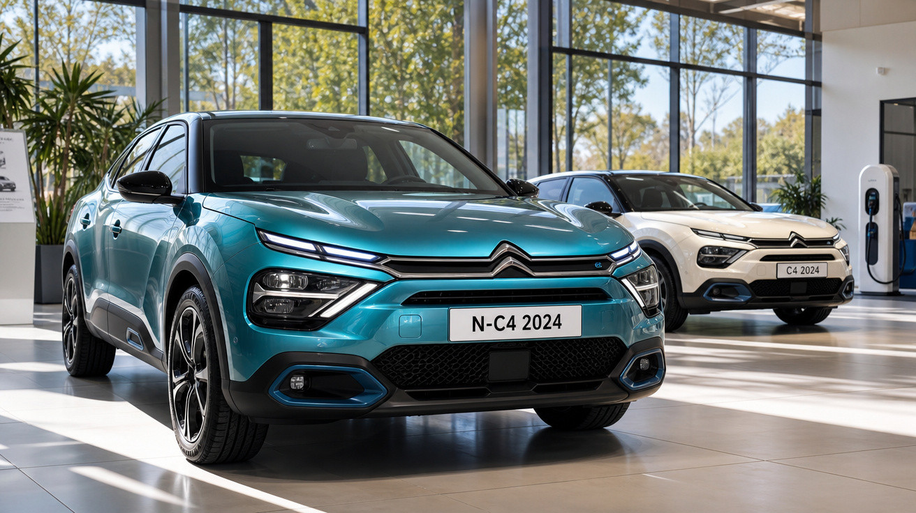 Dois carros Citroën 2024 em exposição, um azul e um branco, em showroom iluminado com vidros amplos.