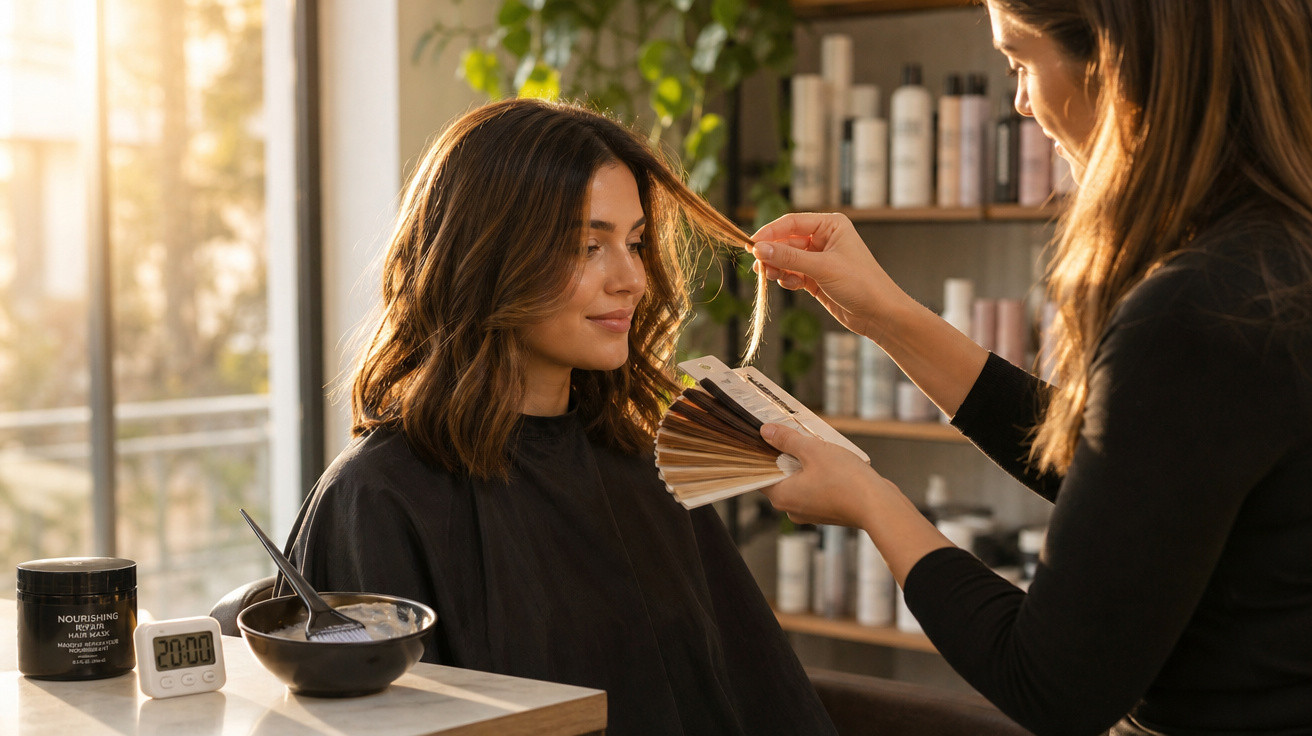 Mulher em salão de beleza escolhe cor de cabelo com profissional usando amostras ao lado da janela.
