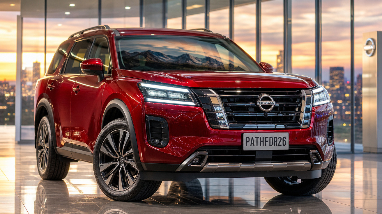 SUV Nissan Pathfinder vermelho em showroom com iluminação suave ao entardecer.