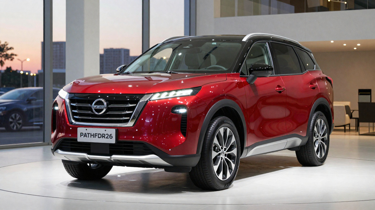 SUV vermelho Nissan Pathfinder 2024 estacionado em exposição interna de carro.