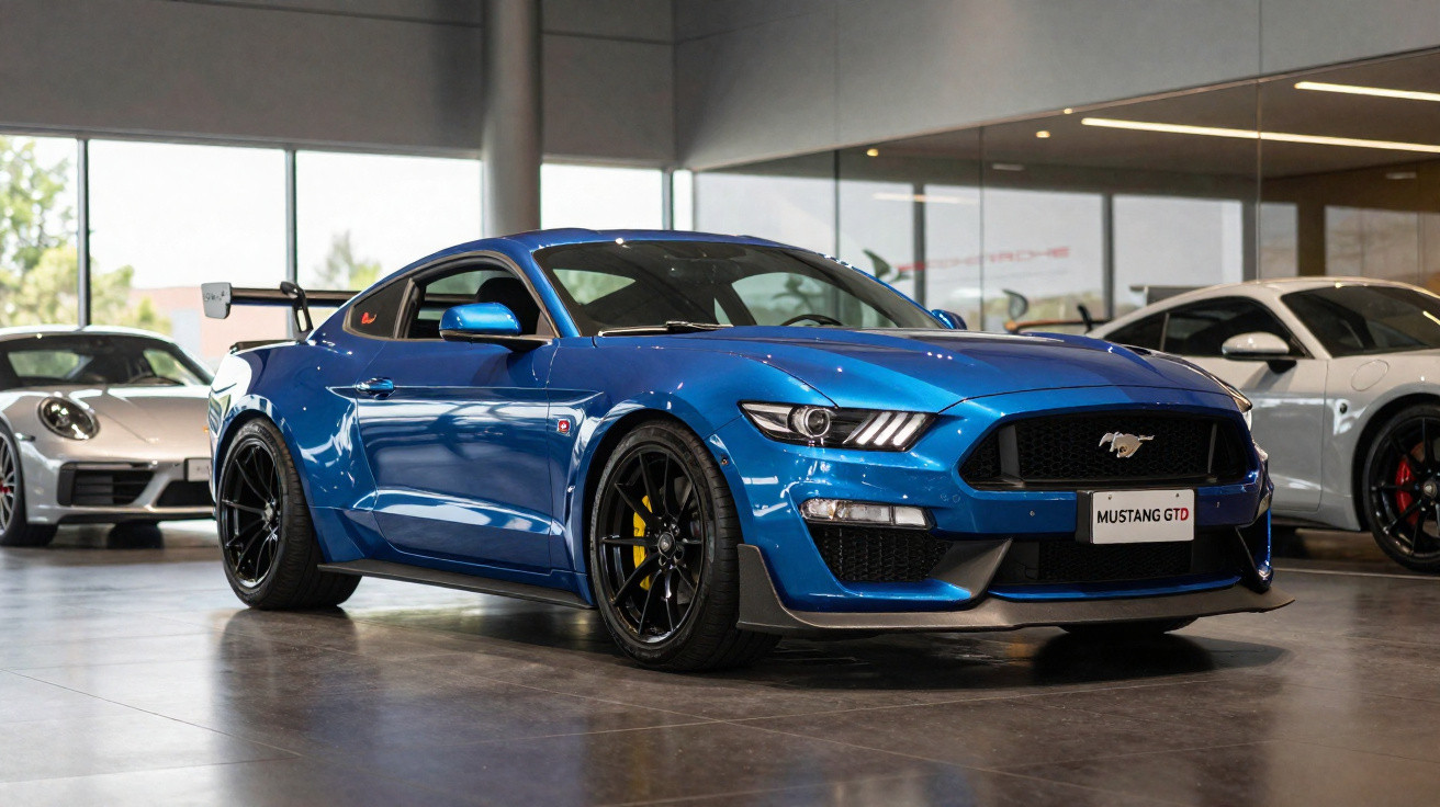 Carro esportivo azul Ford Mustang GTD em exposição dentro de showroom com outros veículos ao fundo.