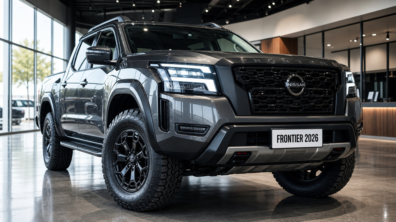 Picape Nissan Frontier 2026 cinza estacionada em showroom moderno com design robusto e faróis acesos.
