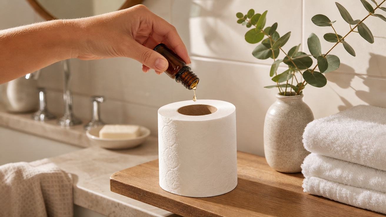 Mão pingando óleo essencial em papel higiênico, com toalhas brancas e vaso com folhas no banheiro.