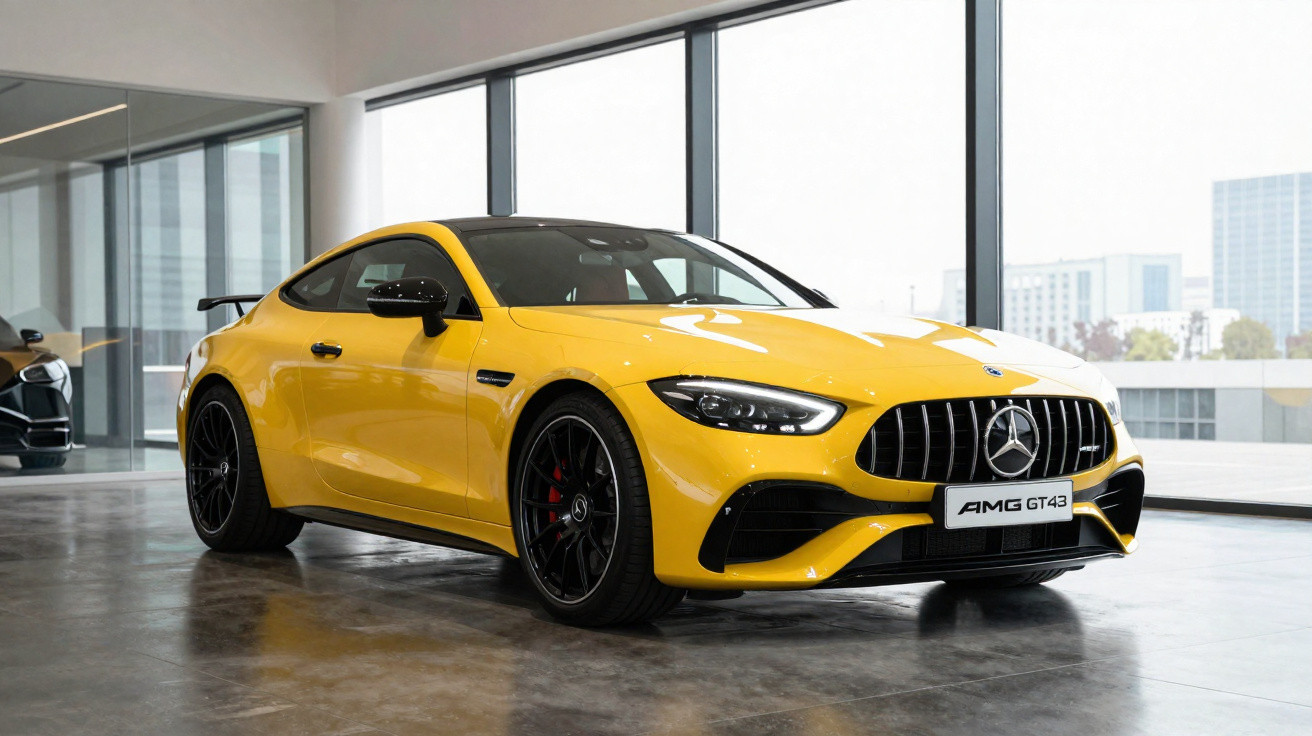 Carro esportivo amarelo Mercedes-AMG GT43 estacionado em showroom moderno com grandes janelas.