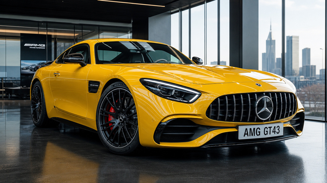 Carro esportivo amarelo Mercedes-Benz AMG GT43 em ambiente interno moderno com janelas grandes.