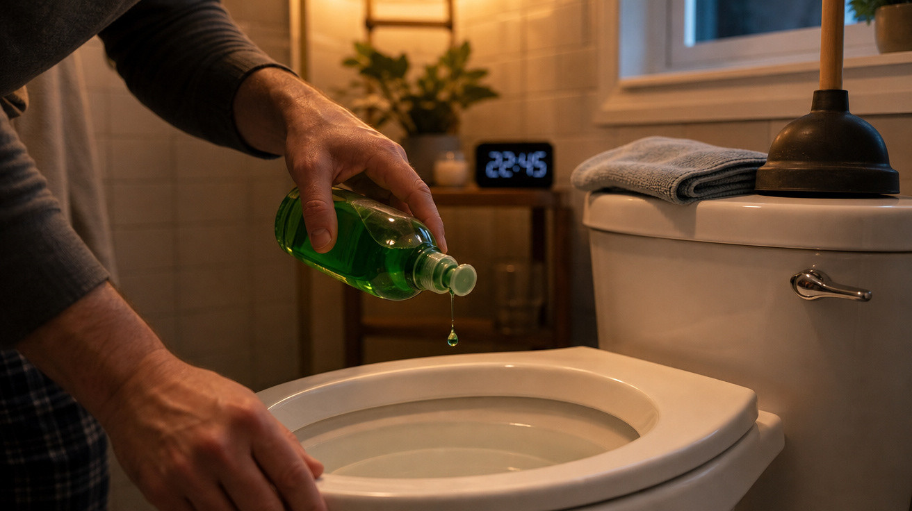 Pessoa aplicando líquido verde para limpar vaso sanitário em banheiro iluminado à noite