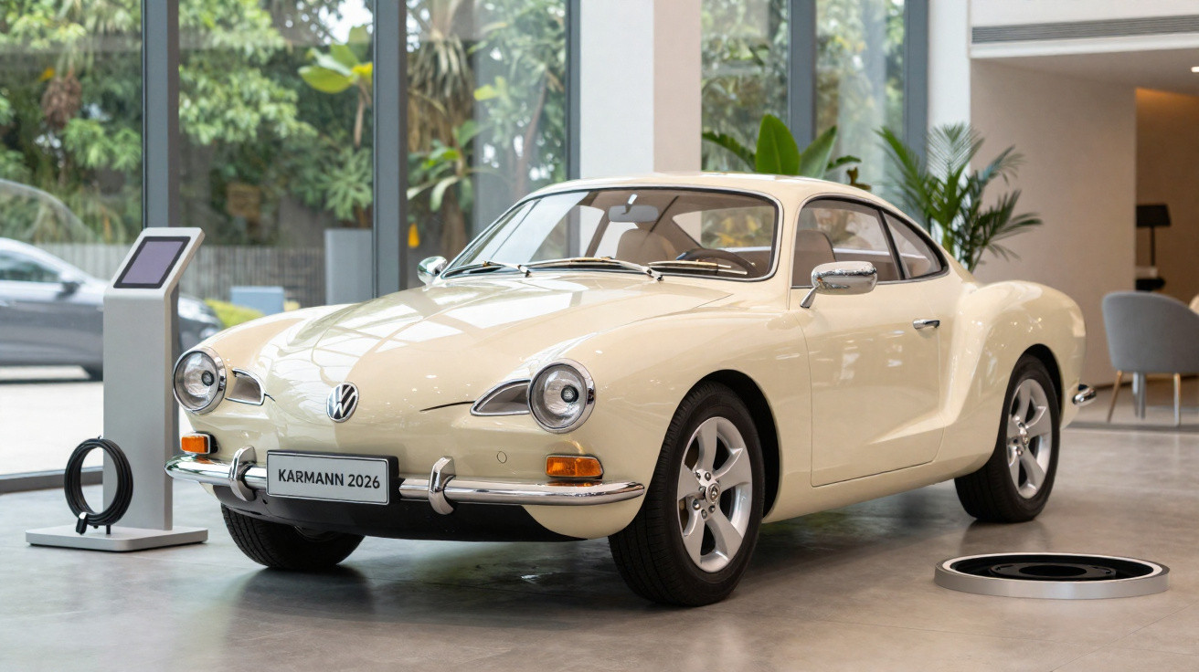 Carro esportivo clássico Volkswagen Karmann 2026 bege em exposição interna com detalhes cromados.