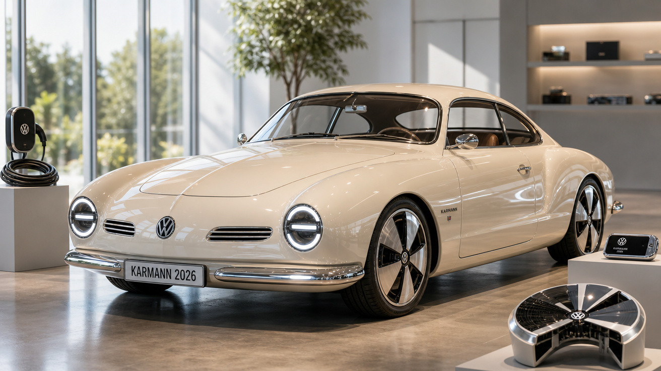 Carro elétrico Volkswagen Karmann 2026 bege exposto em showroom moderno com carregador elétrico ao lado.