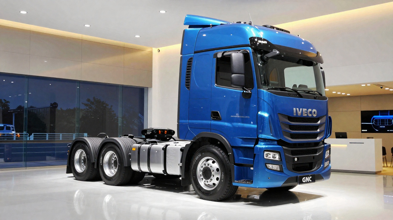 Caminhão-trator azul Iveco GNC estacionado dentro de showroom moderno com piso branco.