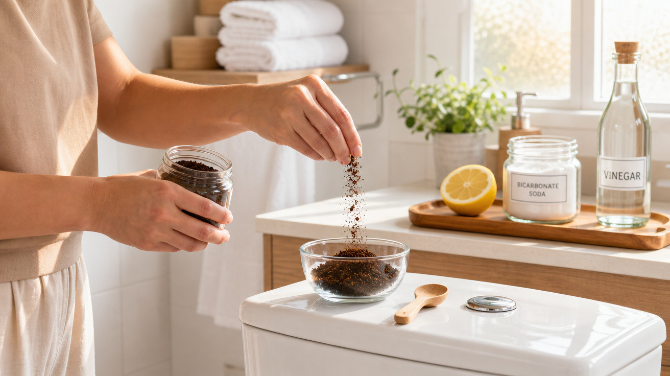 Pessoa colocando café moído em recipiente de vidro em banheiro com produtos de limpeza naturais.