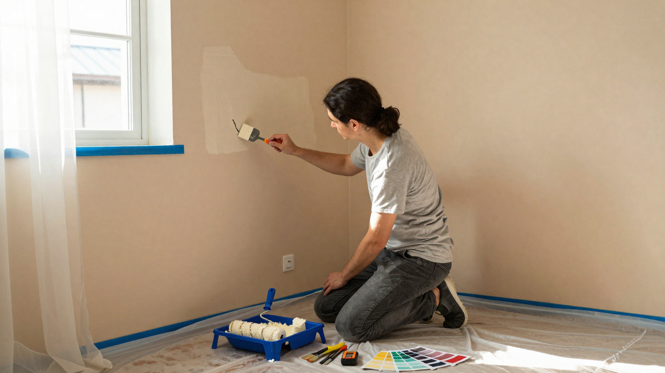 Homem ajoelhado pintando parede de bege com tinta branca em quarto com janela e fita azul.